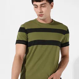 Campus Sutra Olive Green & Black Striped Round Neck Cotton T-shirt-picture-45