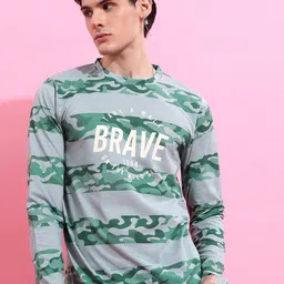 HIGHLANDER Green & Grey Camouflage Printed T-Shirt-image-9