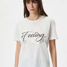 Koton Women Typography Printed Drop-Shoulder Sleeves Pure Cotton T-shirt-image-26