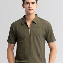 Snitch Olive Self Design Polo Collar Casual T-shirt-image-10
