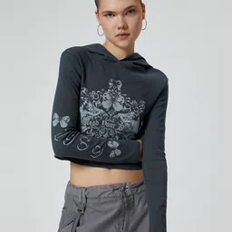Koton Graphic Printed Hooded Crop Casual T-shirt-image-60