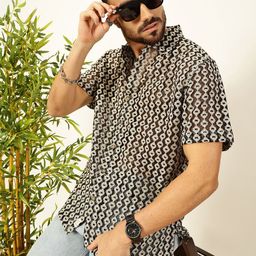 Thomas Scott Premium Geometric Self Design Short Sleeves Crochet Casual Shirt-image-44