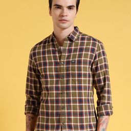 The Indian Garage Co Olive Green Slim Fit Tartan Checks Spread Collar Cotton Casual Shirt-image-41