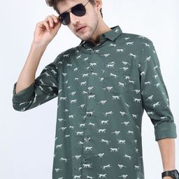 HIGHLANDER Men Olive Green Slim Fit Printed Casual Shirt-image-81