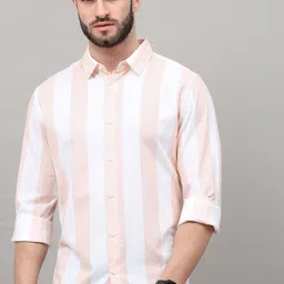 HERE&NOW Men Peach-Coloured Slim Fit Striped Casual Shirt-image-50