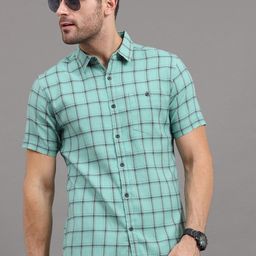 HERE&NOW Men Green Slim Fit Windowpane Checks Checked Casual Shirt-image-95
