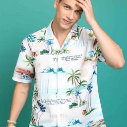 HIGHLANDER Off White Tropical Printed Drop-Shoulder Sleeves Oversized Casual Shirt-image-82