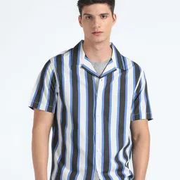 Flying Machine Vertical Stripes cuban Collar Casual Shirt-image-14