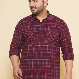 John Pride Plus Size Tartan Checked Spread Collar Cotton Casual Shirt-image-53
