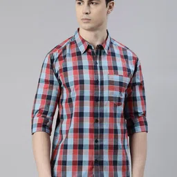 Joven Slim Fit Tartan Checked Spread Collar Casual Shirt-image-34