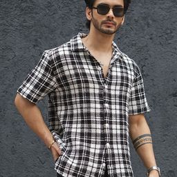Powerlook White and Black Tartan Checks Checked Casual Shirt-image-64