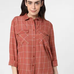 Vero Moda Women Rust Red & White Windowpane Checks Opaque Casual Shirt-picture-21