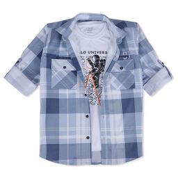 CAVIO Boys Comfort Fit Checked Spread Collar Roll-Up Sleeve Pure Cotton Shirt With T-Shirt-image-18