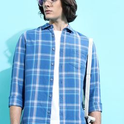 HIGHLANDER Blue Slim Fit Tartan Checked Casual Shirt-image-97