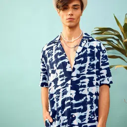 MASCLN SASSAFRAS Blue & White Abstract Printed Relaxed Opaque Casual Shirt-image-5