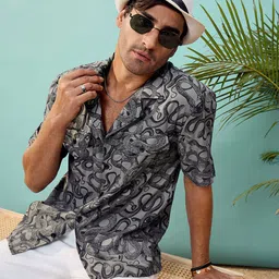 MASCLN SASSAFRAS Unisex Grey & Black Snake Printed Relaxed Fit Casual Shirt-image-38