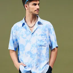 MASCLN SASSAFRAS Blue Tie-Dye Relaxed Fit Casual Shirt-image-57