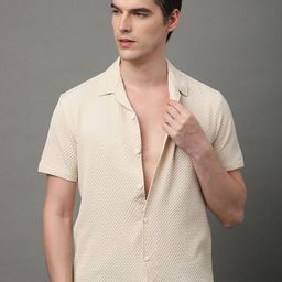 Voroxy Men Relaxed Cuban Collar Textured Solid Polycotton Casual Shirt-image-43