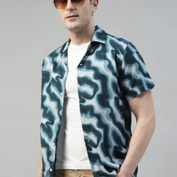 Hancock Comfort Relaxed Fit Abstract Printed Cuban Collar Short Sleeves Casual Shirt-image-28