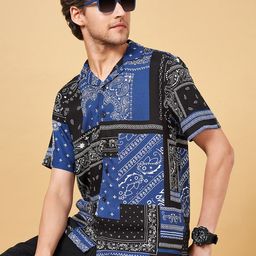People Slim Fit Printed Spread Collar Short Sleeves Casual Shirt-image-40