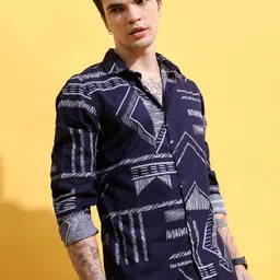 HIGHLANDER Blue Slim Fit Abstract Printed Cotton Casual Shirt-image-53