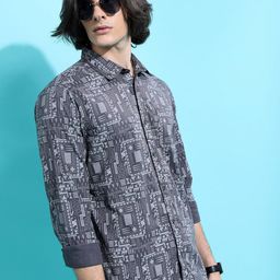 HIGHLANDER Grey Slim Fit Geometric Printed Cotton Casual Shirt-image-48
