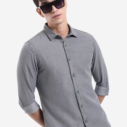 HIGHLANDER Grey Floral Printed Slim Fit Denim Casual Shirt-image-68
