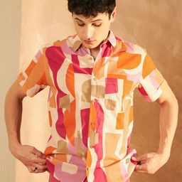 DENNISON Smart Oversized Geometric Printed Spread Collar Cotton Lightweight Shirt-picture-31