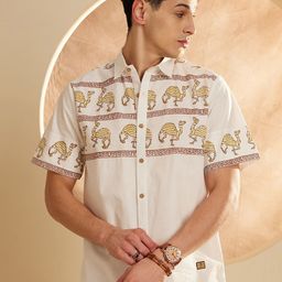 DENNISON Smart Ethnic Motifs Printed Spread Collar Oversized Cotton Casual Shirt-image-37