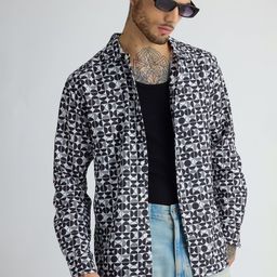 FREAKINS Avant Garde Black Geometric Printed Spread Collar Regular Fit Casual Shirt-image-9