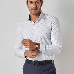 Bubber Blu Relaxed Fit  Micro Ditsy Printed Chambray Weaved Opaque Formal Shirt-image-29