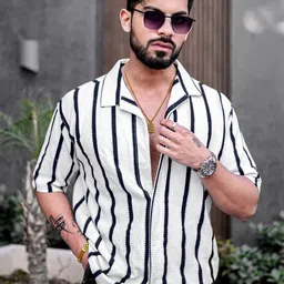 MANIAC Comfort Striped Cuban Collar Oversized Casual Shirt-image-44