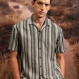 LOCOMOTIVE Premium Natural Yarn Dobby Textured Striped Cuban Collar Oversized Shirt-image-73