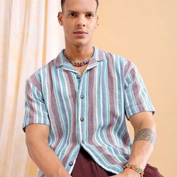 The Indian Garage Co Striped Cuban Collar Pure Cotton Oversized Casual Shirt-picture-30