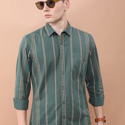 HIGHLANDER Green Vertical Striped Slim Fit Spread Collar Cotton Casual Shirt-image-8