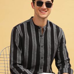 HERE&NOW Black Striped Cotton Mandarin Collar Slim Fit Curved Casual Shirt-image-40