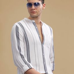 HERE&NOW White Striped Cotton Mandarin Collar Curved Slim Fit Casual Shirt-image-83