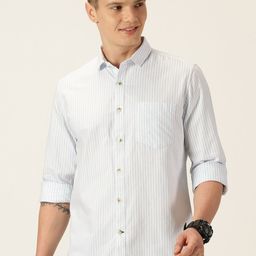 Mast & Harbour Blue Classic Slim Fit Striped Oxford Weave Pure Cotton Casual Shirt-image-63