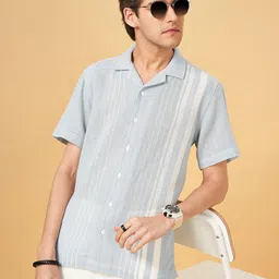 People Blue Slim Fit Vertical Striped Cuban Collar Casual Shirt-image-44
