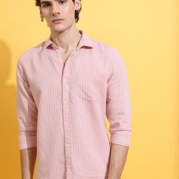 HIGHLANDER Pink Slim Fit Striped Casual Shirt-image-24