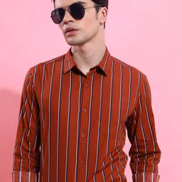 HIGHLANDER Men Rust Slim Fit Opaque Striped Casual Shirt-image-3