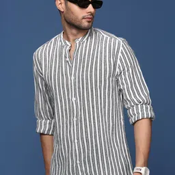 SHOWOFF Men Striped Band Collar Cotton Standard Slim Fit Casual Shirt-picture-16