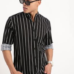 SHOWOFF Men Standard Vertical Stripes Mandarin Collar Slim Fit Cotton Casual Shirt-image-55