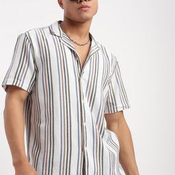SHOWOFF Standard Vertical Stripes Cuban Collar Relaxed Fit Cotton Casual Shirt-image-6