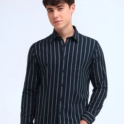 Flying Machine Men Slim Fit Spread Collar Vertical Striped Cotton Casual Shirt-image-91