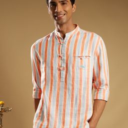 Andamen Striped Mandarin Collar Linen Kurta-image-62