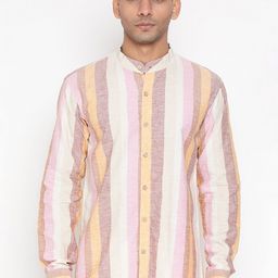 JAVINISHKA Classic Band Collar Striped Cotton Linen Casual Shirt-image-86