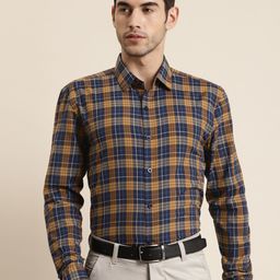 SOJANYA Men Navy Blue & Mustard Yellow Classic Fit Checked Pure Cotton Formal Shirt-image-45