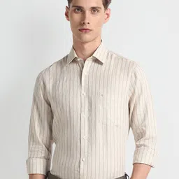 Arrow Vertical Striped Long Sleeves Pure Linen Formal Shirt-image-84