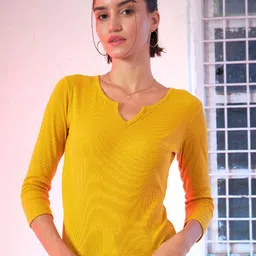 SASSAFRAS Women Mustard Yellow Ribbed Round Neck T-shirt-picture-38